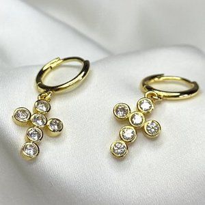 18K Gold Diamond Cross Earring - Huggie Hoops